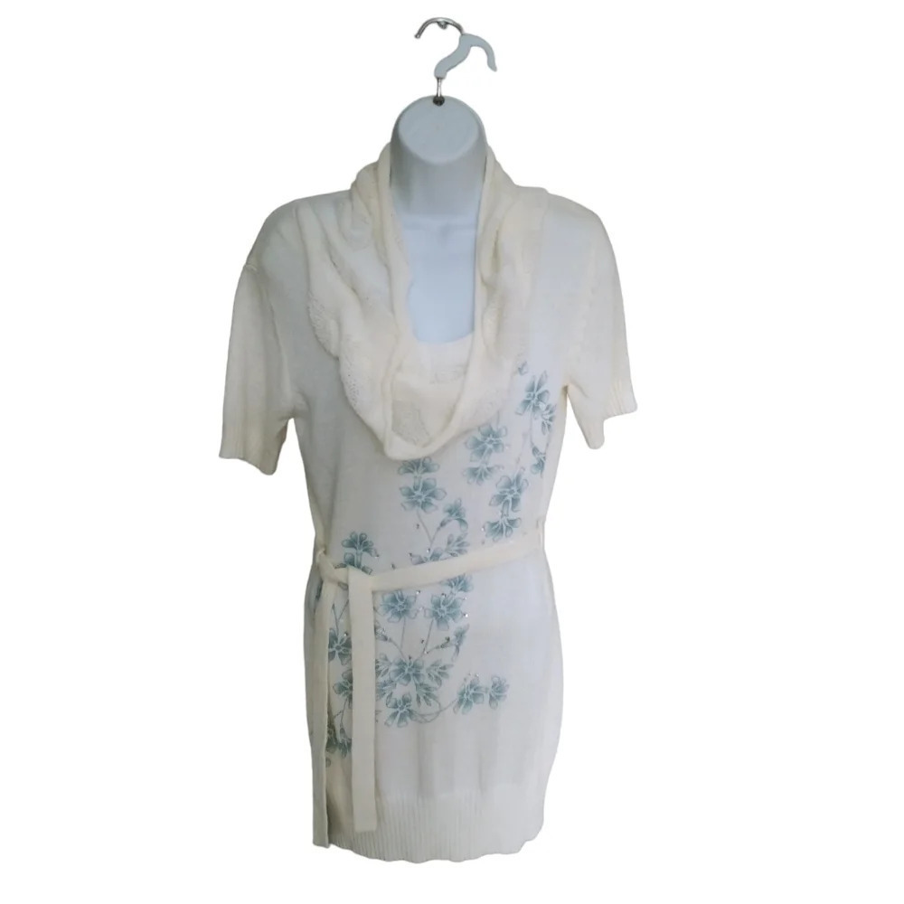 Le Grenier Knit Retro  Sweater Dress With Cowl Neck and Belt Cream/Blue M